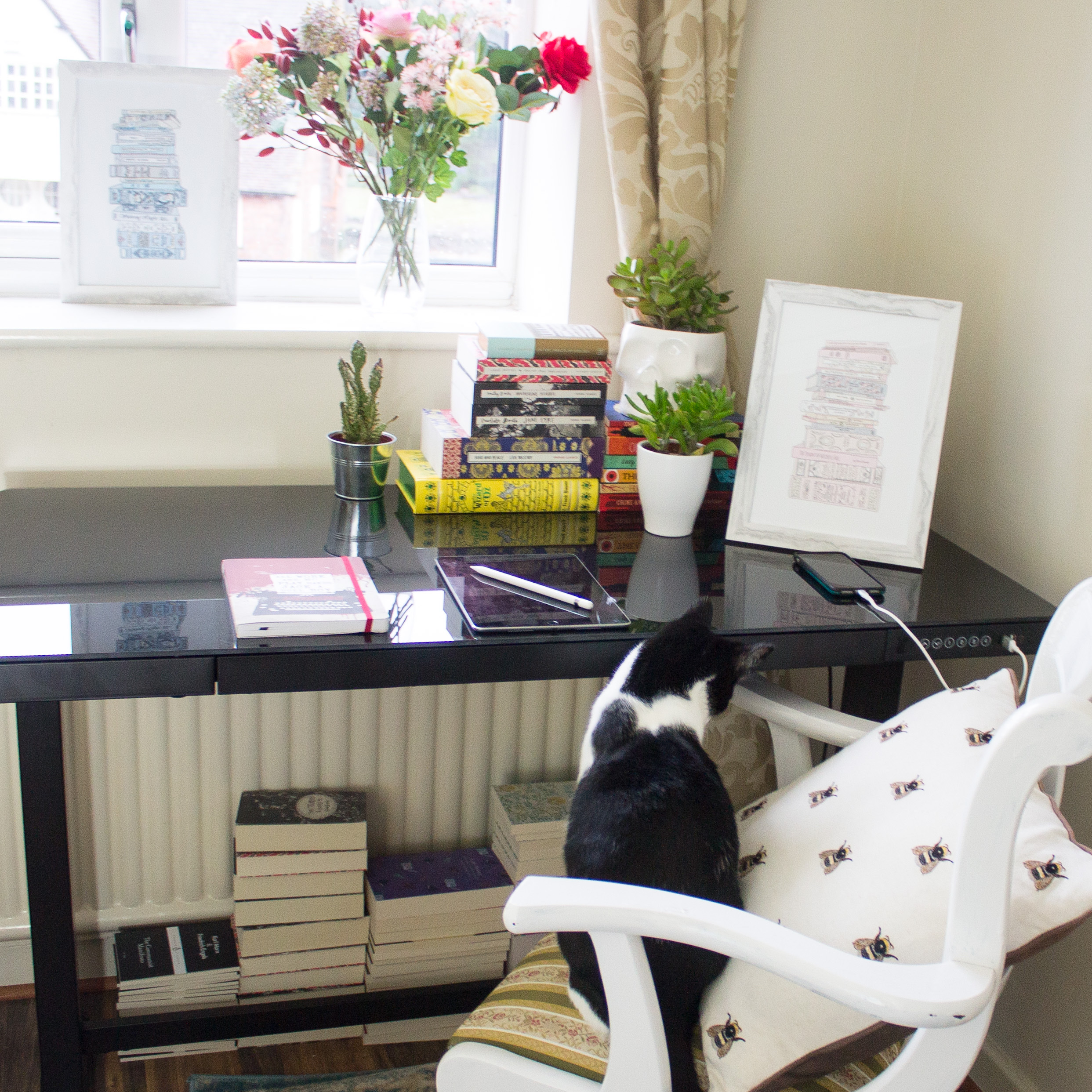 Black and white cat sitting at a desk with piles of books